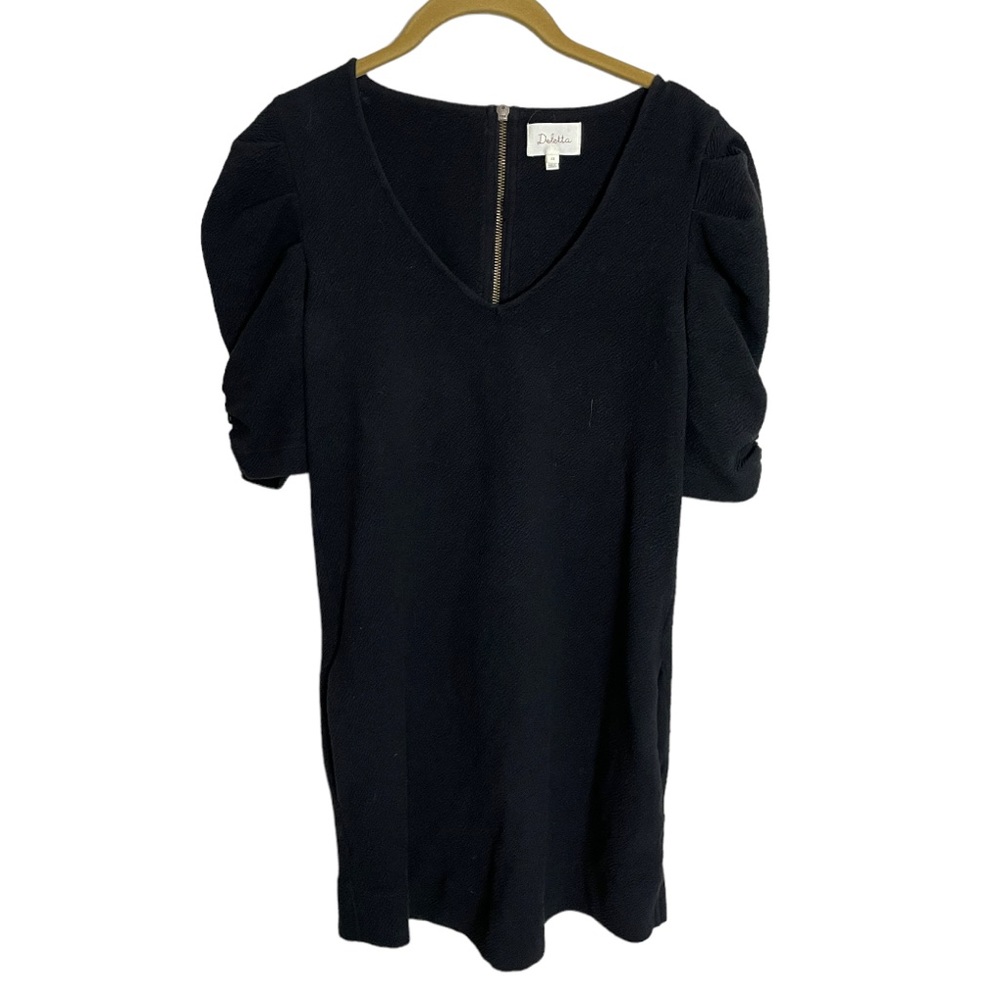 Anthropologie Deletta Black Textured Mini Dress Ruched Puff Half Sleeves Sz XS